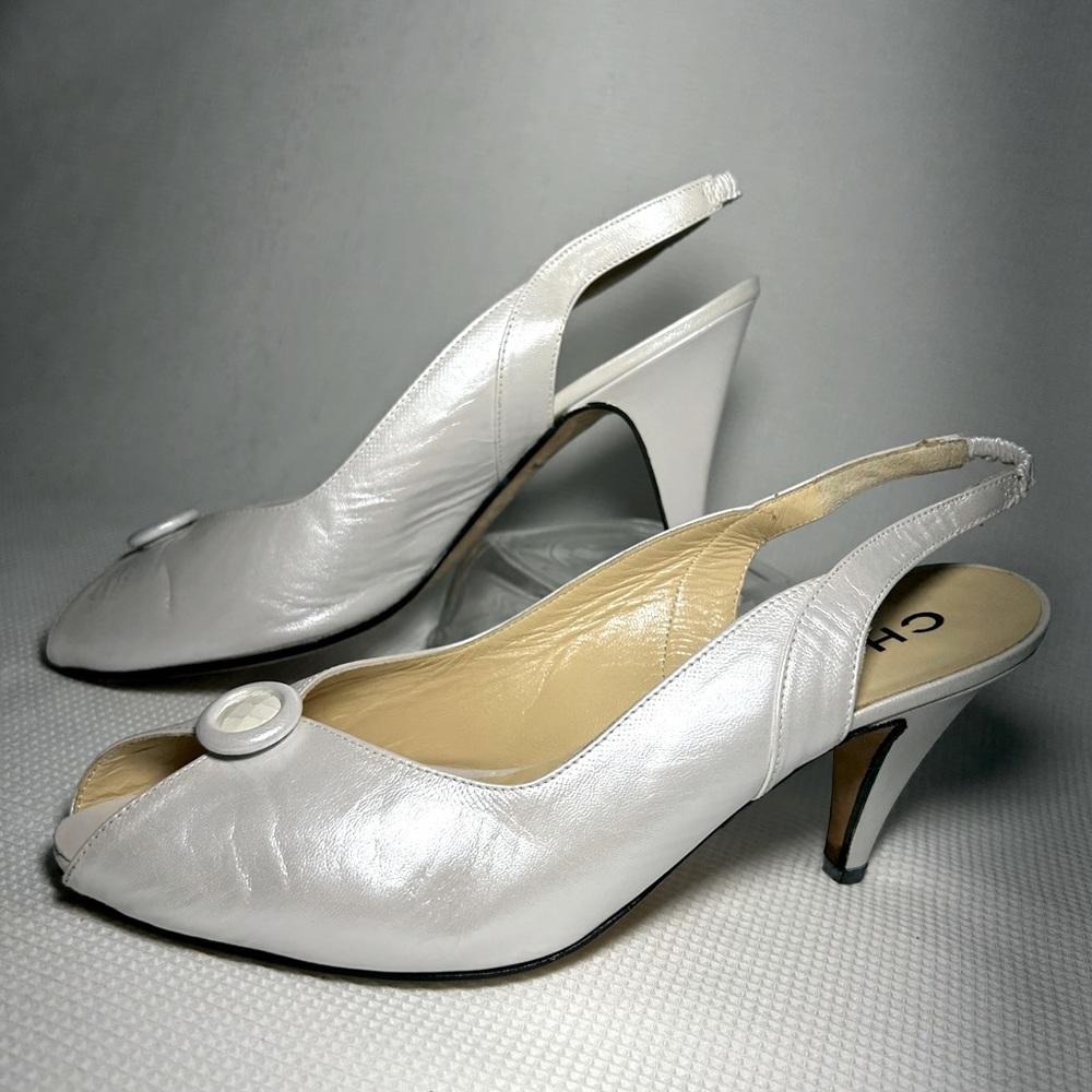 White Peep-Toe Slingback Heels with Button Accent